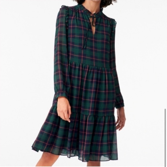 J. Crew Tie Neck Tiered Dress Black Watch Tartan Plaid, size Medium NWOT - Picture 2 of 11